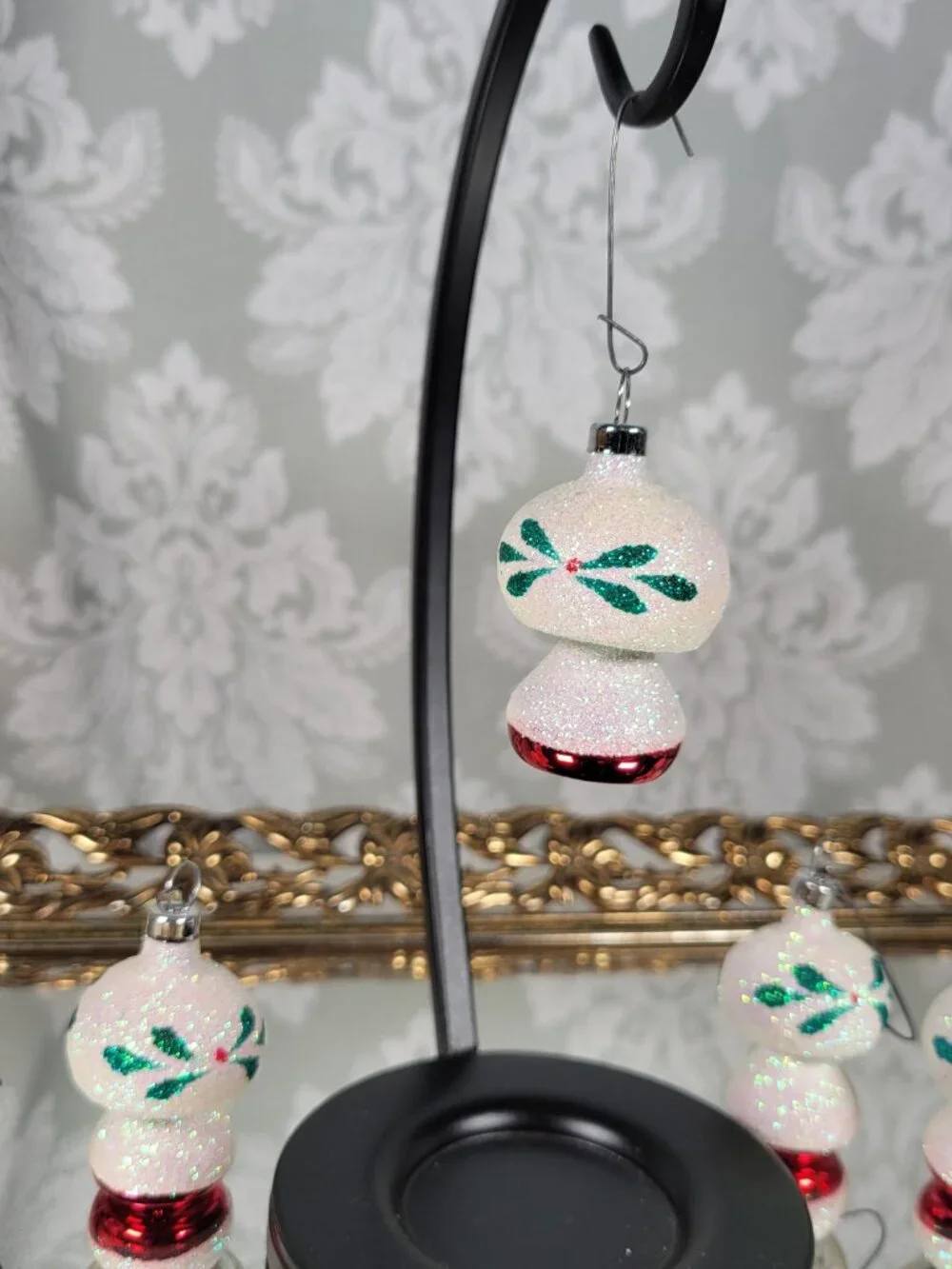Blown Glass Mini Mushroom Glitter Christmas Ornaments - Set of 5